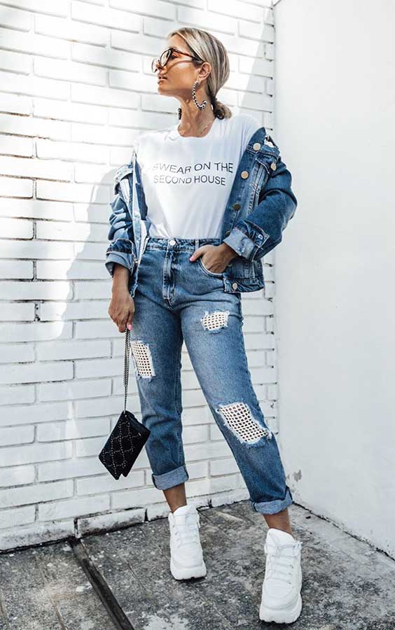 look jeans com jaqueta jeans destoyed