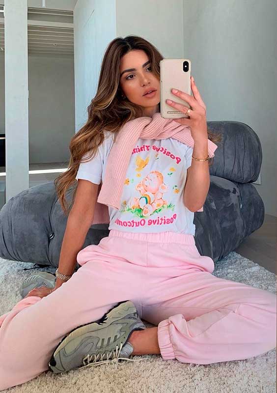 Pijama, t-shirt estampada, cojunto de moletom rosa